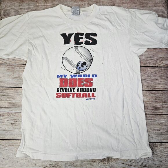 Vintage My World Does Revolve Around Softball Royal Avalon White Large Stained - Picture 2 of 7